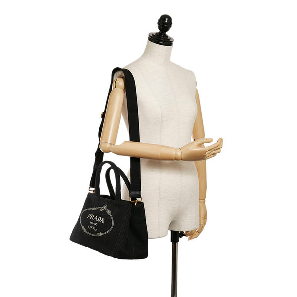 プラダ ミニカナパ ブラック キャンバス ハンドバッグ ショルダーバッグ 2WAY レディース PRADA 【中古】
