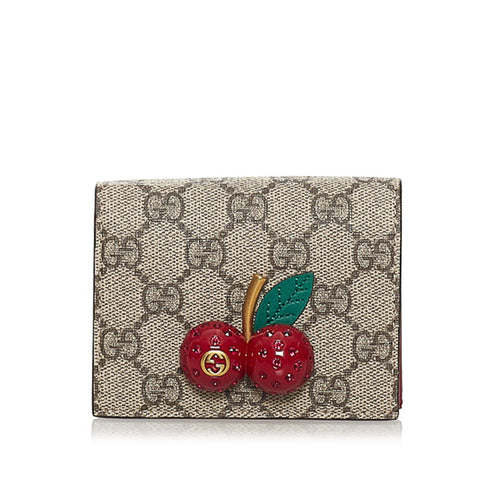 グッチ GGスプリーム チェリー フラップ コンパクト ウォレット 476050 ベージュ レッド PVC レザー レディース GUCCI 【中古】