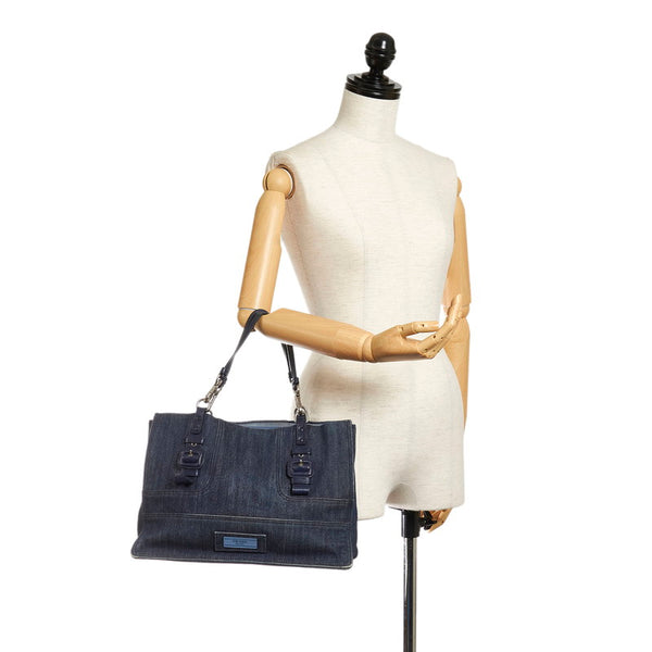 プラダ ネイビー デニム レザー トートバッグ レディース PRADA 【中古】