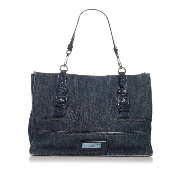 プラダ ネイビー デニム レザー トートバッグ レディース PRADA 【中古】