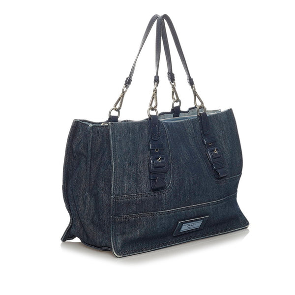 プラダ ネイビー デニム レザー トートバッグ レディース PRADA 【中古】
