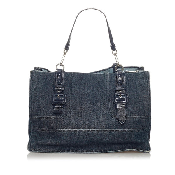 プラダ ネイビー デニム レザー トートバッグ レディース PRADA 【中古】