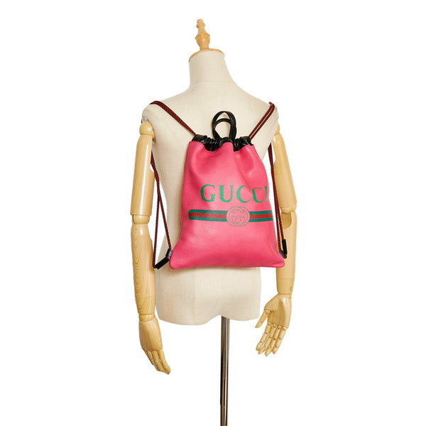 グッチ ドローストリング ミニ ロゴ ナップサック リュック 523586 ピンク レザー レディース GUCCI 【中古】