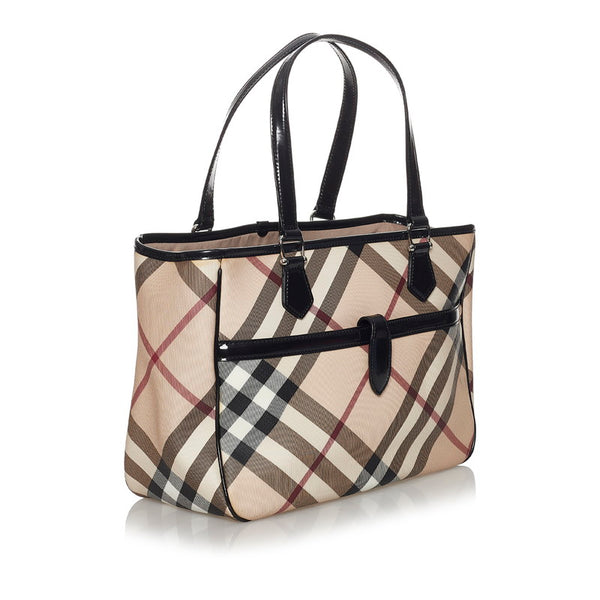 バーバリー ノバチェック トートバッグ ピンクベージュ PVC レザー レディース BURBERRY 【中古】