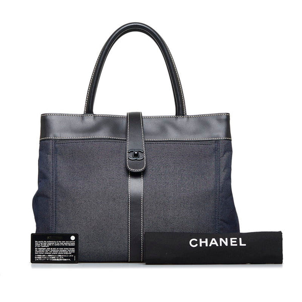 シャネル ココマーク デニム CC ハンドバッグ トートバッグ ネイビー ブラック キャンバス レザー レディース CHANEL 【中古】