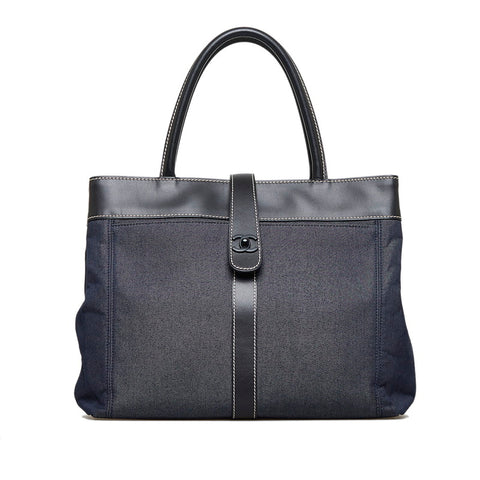 シャネル ココマーク デニム CC ハンドバッグ トートバッグ ネイビー ブラック キャンバス レザー レディース CHANEL 【中古】