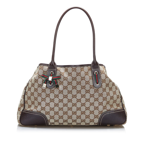 グッチ GGキャンバス プリンシー リボン ハンドバッグ トートバッグ 163805 ブラウン キャンバス レザー レディース GUCCI 【中古】