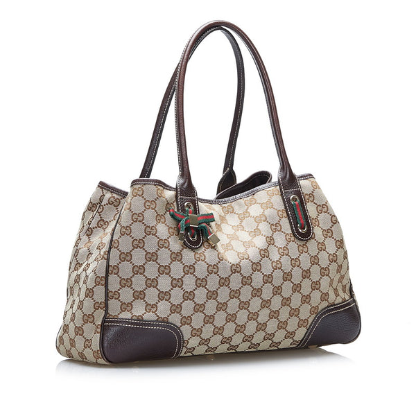 グッチ GGキャンバス プリンシー リボン ハンドバッグ トートバッグ 163805 ブラウン キャンバス レザー レディース GUCCI 【中古】