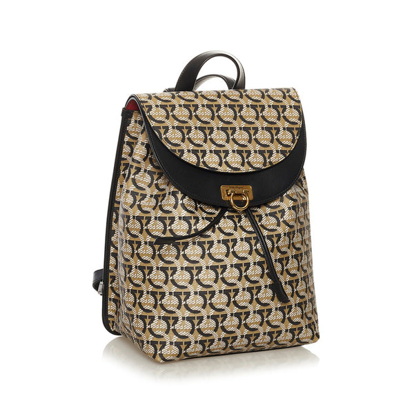 サルヴァトーレフェラガモ ガンチーニ リュック バックパック FZ-21 H988 ベージュ ブラック PVC レザー レディース Salvatore Ferragamo 【中古】