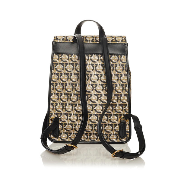 サルヴァトーレフェラガモ ガンチーニ リュック バックパック FZ-21 H988 ベージュ ブラック PVC レザー レディース Salvatore Ferragamo 【中古】