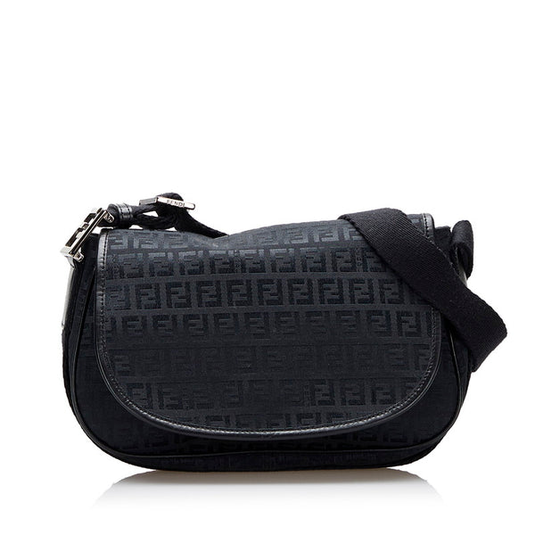 フェンディ ズッキーノ 斜め掛け ショルダーバッグ ブラック キャンバス レザー レディース FENDI 【中古】