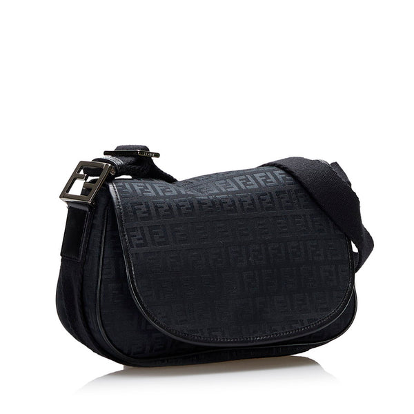 フェンディ ズッキーノ 斜め掛け ショルダーバッグ ブラック キャンバス レザー レディース FENDI 【中古】