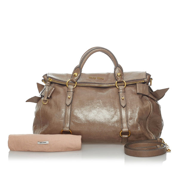 ミュウミュウ サイドリボン ハンドバッグ ショルダーバッグ 2WAY グレージュ レザー レディース MIUMIU 【中古】