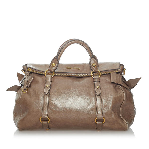 ミュウミュウ サイドリボン ハンドバッグ ショルダーバッグ 2WAY グレージュ レザー レディース MIUMIU 【中古】