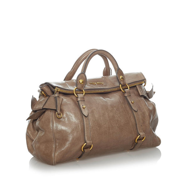 ミュウミュウ サイドリボン ハンドバッグ ショルダーバッグ 2WAY グレージュ レザー レディース MIUMIU 【中古】