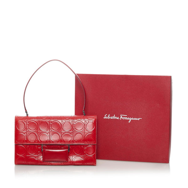 サルヴァトーレフェラガモ ガンチーニ型押し ハンドバッグ ショルダーバッグ  レッド レザー レディース Salvatore Ferragamo 【中古】