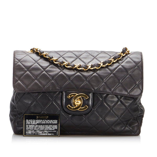 シャネル デカマトラッセ シングルフラップ ゴールド金具 チェーンショルダーバッグ ブラック ラムスキン レディース CHANEL 【中古】