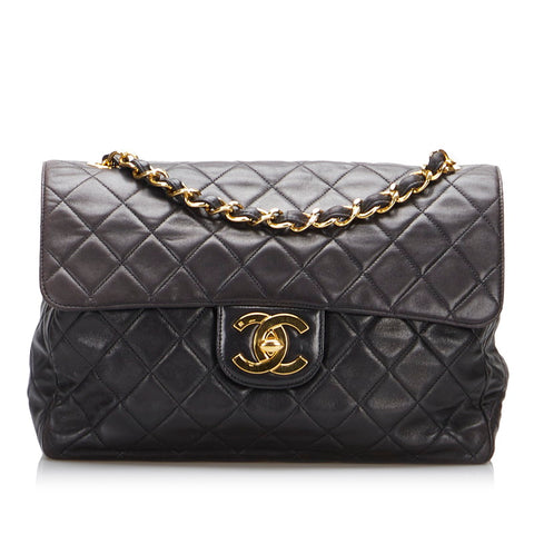 シャネル デカマトラッセ シングルフラップ ゴールド金具 チェーンショルダーバッグ ブラック ラムスキン レディース CHANEL 【中古】