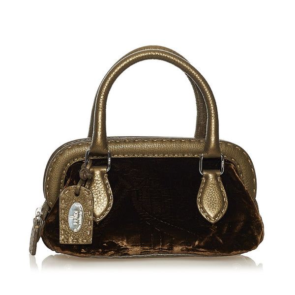 フェンディ セレリア ミニ ハンドバッグ 8BN126 ブラウン カーキ ベルベット レザー レディース FENDI 【中古】