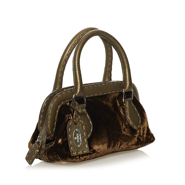 フェンディ セレリア ミニ ハンドバッグ 8BN126 ブラウン カーキ ベルベット レザー レディース FENDI 【中古】