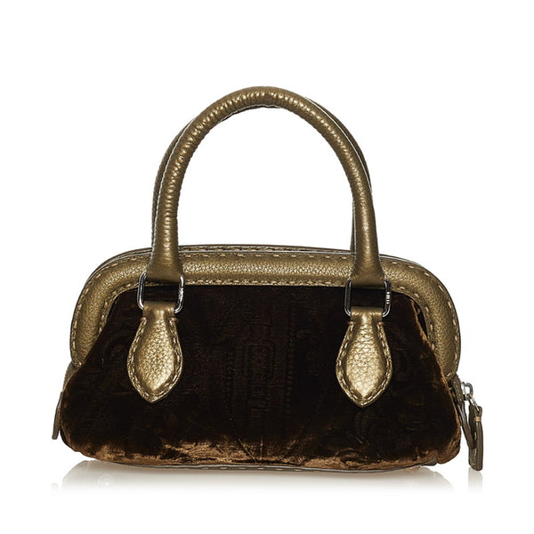 フェンディ セレリア ミニ ハンドバッグ 8BN126 ブラウン カーキ ベルベット レザー レディース FENDI 【中古】