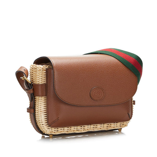 グッチ シェリーライン 斜め掛け ショルダーバッグ カゴバック 655608 ブラウン ベージュ レザー ウィッカー レディース GUCCI 【中古】