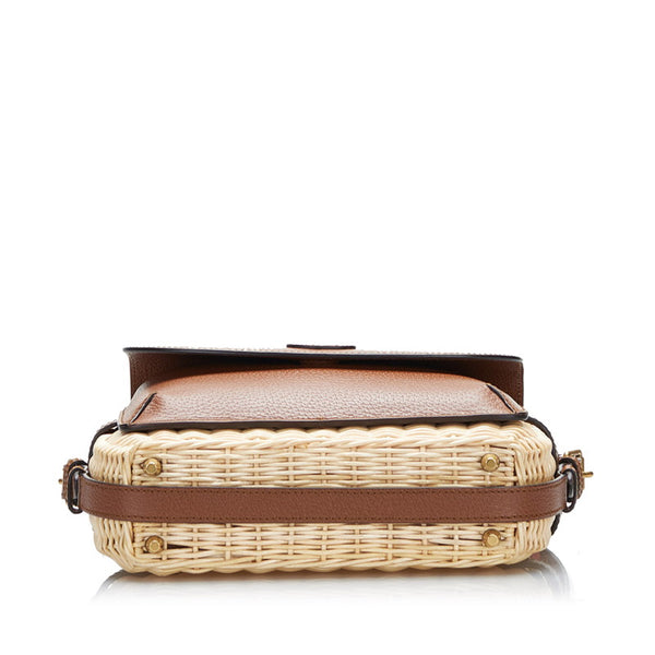 グッチ シェリーライン 斜め掛け ショルダーバッグ カゴバック 655608 ブラウン ベージュ レザー ウィッカー レディース GUCCI 【中古】