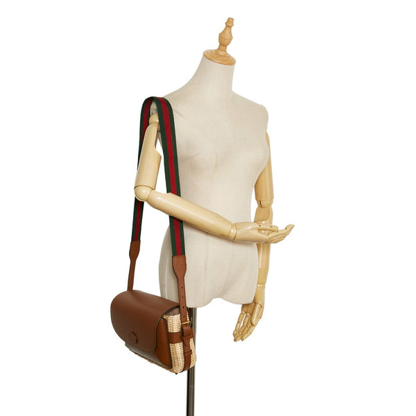 グッチ シェリーライン 斜め掛け ショルダーバッグ カゴバック 655608 ブラウン ベージュ レザー ウィッカー レディース GUCCI 【中古】