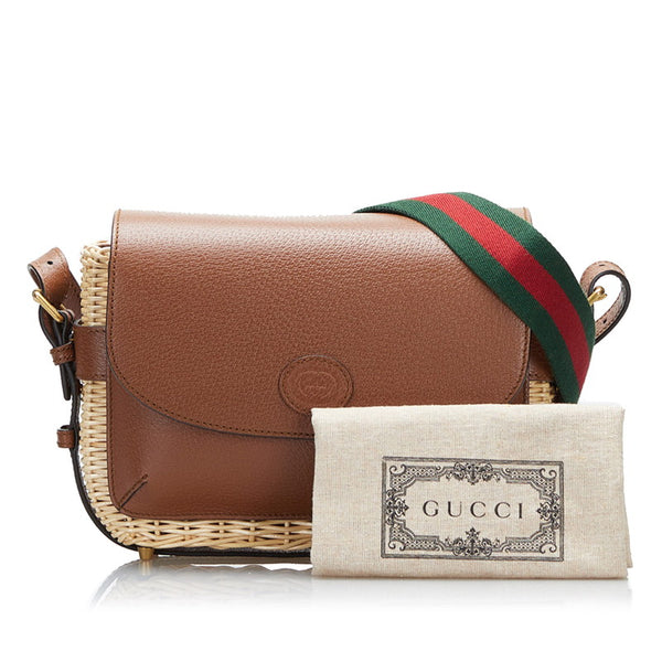 グッチ シェリーライン 斜め掛け ショルダーバッグ カゴバック 655608 ブラウン ベージュ レザー ウィッカー レディース GUCCI 【中古】