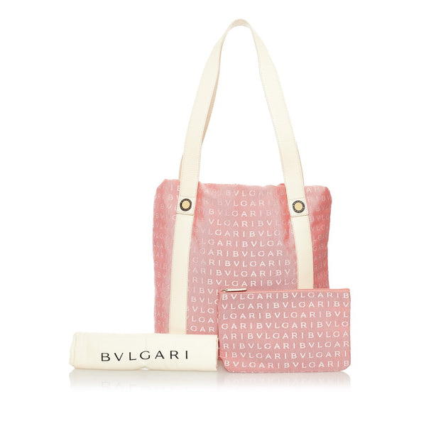 ブルガリ ロゴマニア トートバッグ ショルダーバッグ ピンク ホワイト キャンバス レザー レディース BVLGARI 【中古】