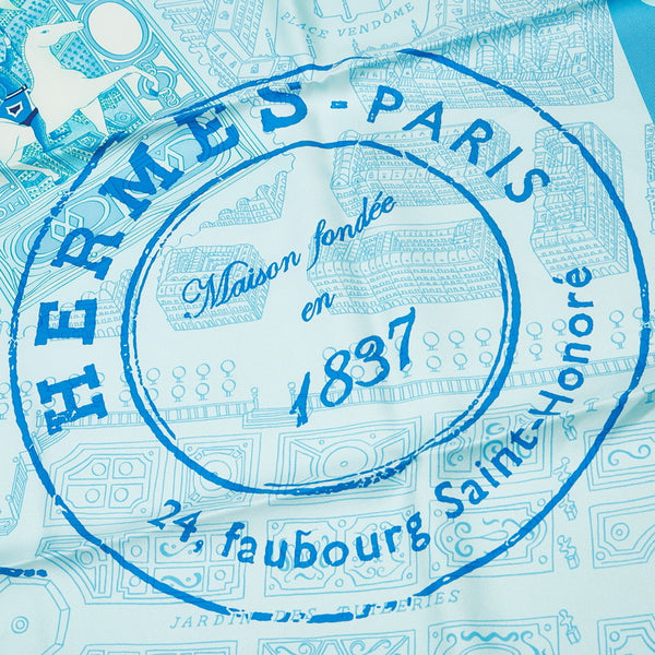 エルメス カレ90 de passage a paris パリの通路 スカーフ ライトブルー マルチカラー シルク レディース HERMES 【中古】