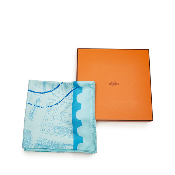 エルメス カレ90 de passage a paris パリの通路 スカーフ ライトブルー マルチカラー シルク レディース HERMES 【中古】