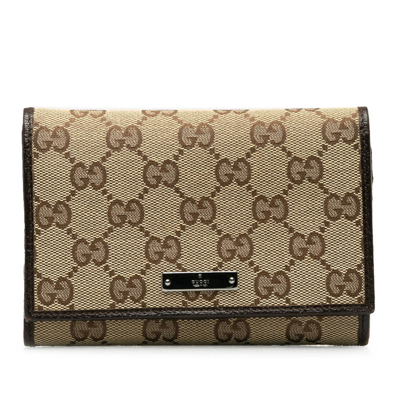 グッチ GGキャンバス 二つ折り財布 154258 ベージュ ブラウン キャンバス レザー レディース GUCCI 【中古】