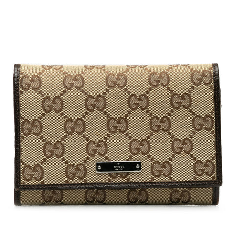 グッチ GGキャンバス 二つ折り財布 154258 ベージュ ブラウン キャンバス レザー レディース GUCCI 【中古】