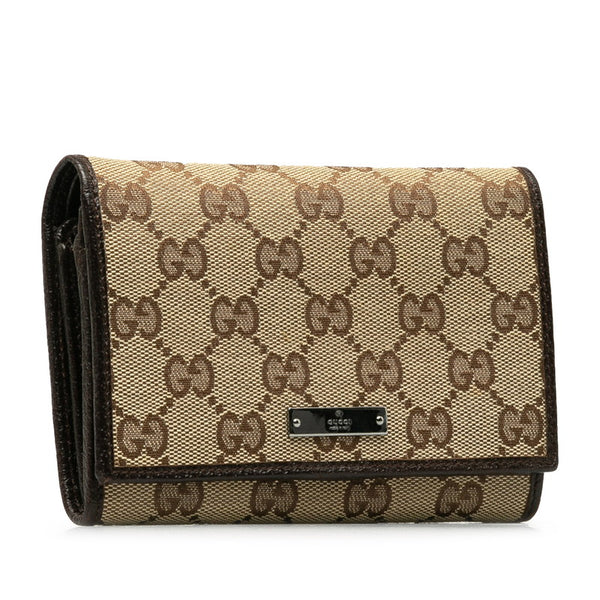 グッチ GGキャンバス 二つ折り財布 154258 ベージュ ブラウン キャンバス レザー レディース GUCCI 【中古】