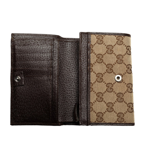 グッチ GGキャンバス 二つ折り財布 154258 ベージュ ブラウン キャンバス レザー レディース GUCCI 【中古】
