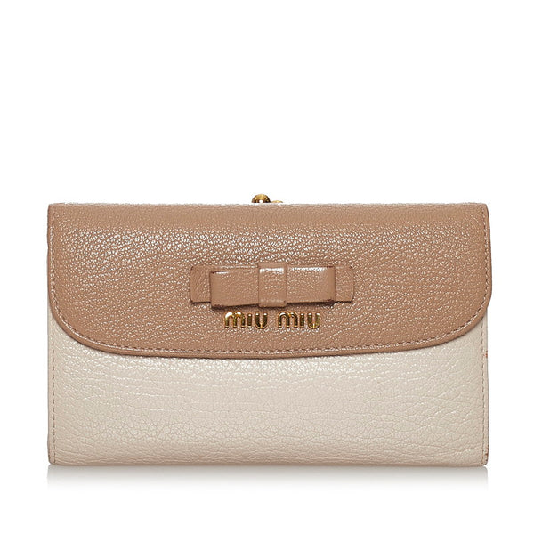ミュウミュウ リボン ベージュ レザー 長財布 レディース MIUMIU 【中古】
