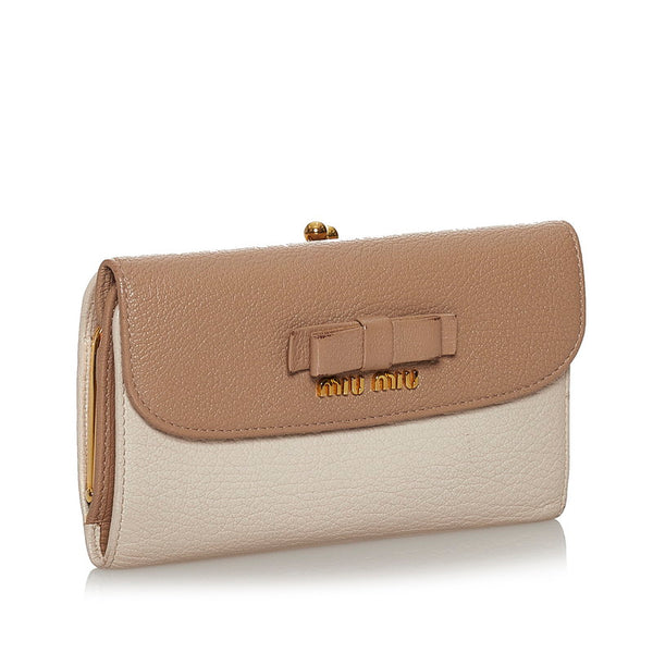 ミュウミュウ リボン ベージュ レザー 長財布 レディース MIUMIU 【中古】