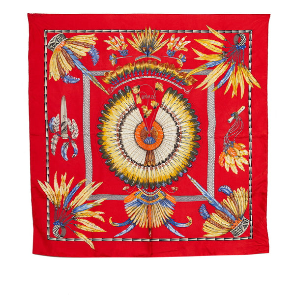 エルメス カレ90 BRAZIL ブラジル スカーフ レッド マルチカラー シルク レディース HERMES 【中古】