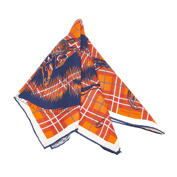 エルメス プチカレ40 HORSE POWER 馬力 スカーフ ネイビー オレンジ シルク レディース HERMES 【中古】