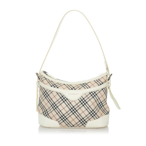 バーバリー ノバチェック ショルダーバッグ ホワイト ベージュ キャンバス レザー レディース BURBERRY 【中古】