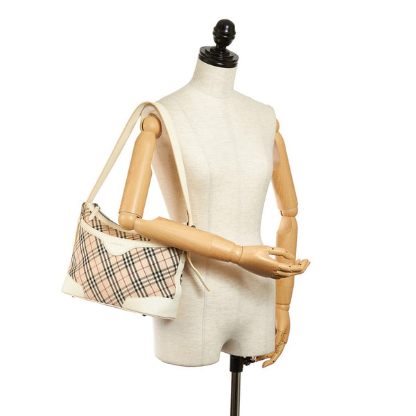 バーバリー ノバチェック ショルダーバッグ ホワイト ベージュ キャンバス レザー レディース BURBERRY 【中古】