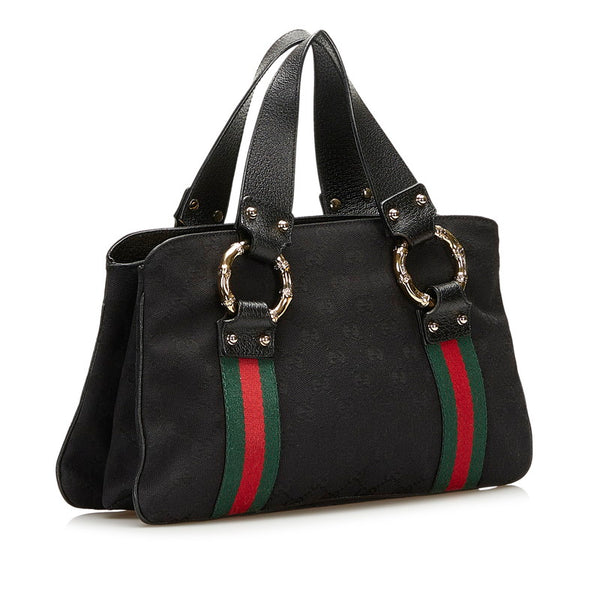 グッチ GGキャンバス シェリーライン メタルバンブー ハンドバッグ 131324 ブラック キャンバス レザー レディース GUCCI 【中古】