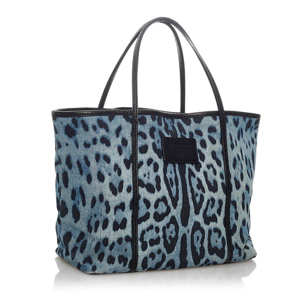 ドルチェアンドガッバーナ レオパード ブルー ブラック デニム レザー トートバッグ レディース DOLCE&GABBANA 【中古】