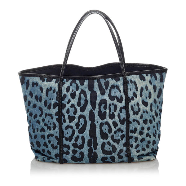 ドルチェアンドガッバーナ レオパード ブルー ブラック デニム レザー トートバッグ レディース DOLCE&GABBANA 【中古】