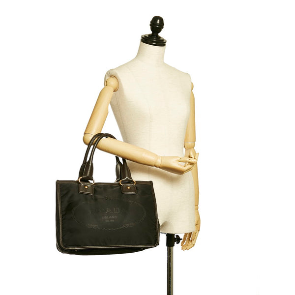 プラダ ロゴジャガード ブラック ブラウン ナイロン レザー ハンドバッグ レディース PRADA 【中古】