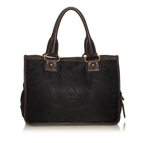プラダ ロゴジャガード ブラック ブラウン ナイロン レザー ハンドバッグ レディース PRADA 【中古】