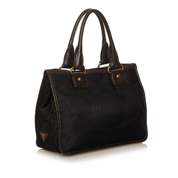 プラダ ロゴジャガード ブラック ブラウン ナイロン レザー ハンドバッグ レディース PRADA 【中古】