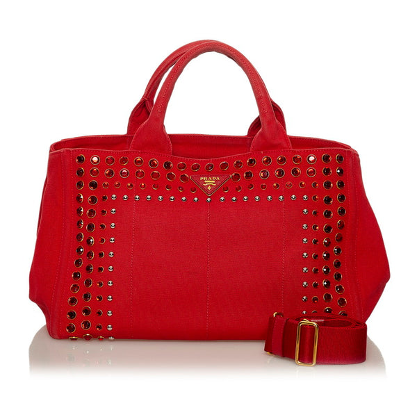 プラダ カナパ　 ビジュー レッド キャンバス ハンドバッグ ショルダーバッグ 2WAY レディース PRADA 【中古】