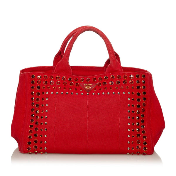 プラダ カナパ　 ビジュー レッド キャンバス ハンドバッグ ショルダーバッグ 2WAY レディース PRADA 【中古】